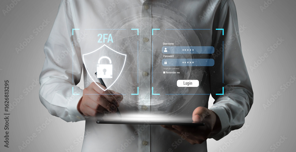 Poster two-factor authentication strengthens login system security. adds protection, two-factor authenticat