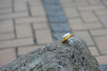 Baby pacifier left on large stone with street tiles behind