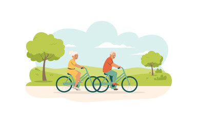 Naklejka premium Happy Senior Couple Cycling in Park: Active Lifestyle and Healthy Aging, Retirement Activities, Outdoor Recreation, Grandparents on Bikes, Enjoying Nature, Wellbeing, and Leisure