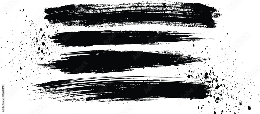 Poster artistic set of four black grunge brush strokes with ink splatter. abstract textured lines and distr