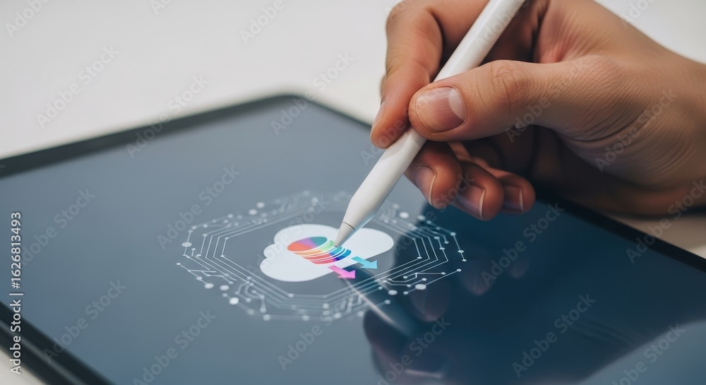 Poster cloud data management on tablet - hand using stylus on tablet, illustrating cloud data storage, tran
