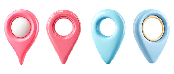 3D render Colorful 3D map pointers in pink and blue with varied designs; ideal for navigation isolated on transparency PNG background, travel apps, or educational materials about location tracking,