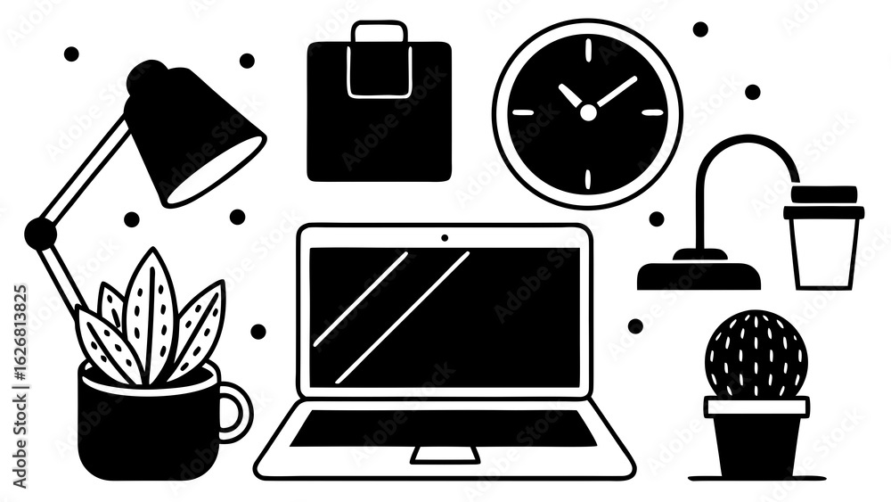 Poster black and white workspace illustration with laptop clock plants and lamp in a minimalistic style des
