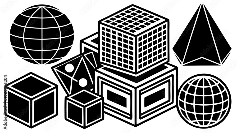 Poster geometric shapes including spheres cubes pyramid and octahedron in black and white isometric view cr