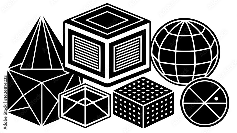Poster geometric shapes in black and white including a pyramid cube sphere and segmented circle design art 