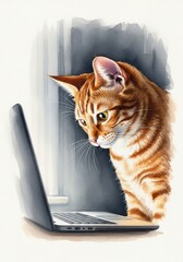 Curious Tabby Cat and Laptop - A curious tabby cat intently gazes at a laptop screen, symbolizing curiosity, technology, companionship, domestic life, and the internet