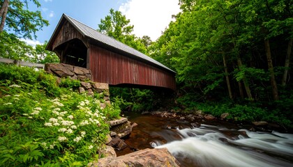 Rustic red bridge over a flowing stream