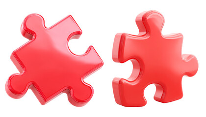 Obraz premium 3D render Two red glossy puzzle pieces isolated on transparency PNG background, perfect for concepts of problem-solving, teamwork, or creativity, Suitable for business presentations