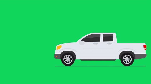 white pickup truck moving on green background 2d animation 4k video footage