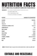 Fototapeta premium Nutrition Facts Label for Grilled Salmon with Quinoa and Steamed Broccoli healthy dinner