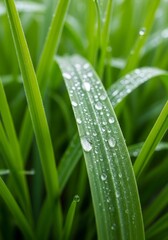 Dewdrops on Green Grass Blades - Fresh green grass, parallel lines, morning dew, nature's beauty, vibrant life. Symbolizing freshness, purity, growth, renewal, and serenity