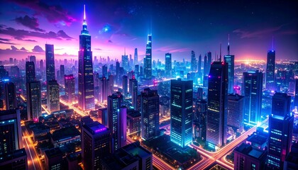 Fototapeta premium Aerial view of a vibrant, futuristic city at dawn