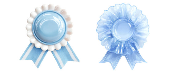 3D render Blue and white ribbons with rosettes symbolize achievement and excellence isolated on transparency PNG background, ideal for awards, competitions, and events, Perfect for promoting success