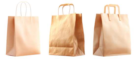 3D render Three brown paper shopping bags with handles isolated on transparency PNG background, showcasing eco-friendly and sustainable packaging options for retail businesses