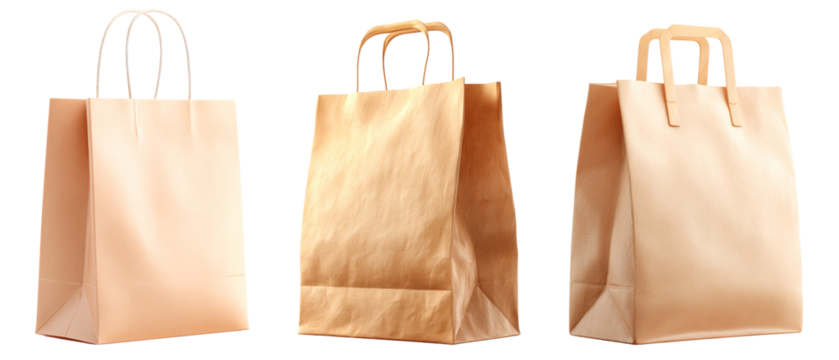 3D render Three brown paper shopping bags with handles isolated on transparency PNG background, showcasing eco-friendly and sustainable packaging options for retail businesses