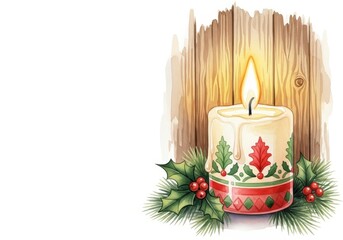 Festive Christmas Candle with Holly - A decorated candle with holly and berries sits before a wooden background, perfect for Christmas cards, winter greetings, or holiday themes