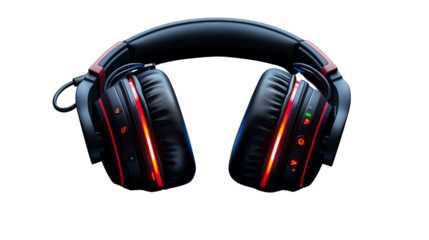 Illuminated RGB gaming headset with cushioned ear cups. Stylish audio gear isolated on white. Transparent PNG.Transparent PNG for tech design and esports Isolated on transparent background, png