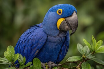 Striking Portrait of a Hyacinth Macaw on a Branch, Bold Blues and Yellows, Close-Up, Vivid Detail, Wildlife Photography