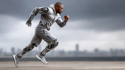 Futuristic cyborg athlete running outdoors with robotic limbs in urban setting, dramatic background