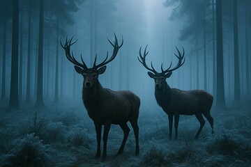 Two majestic deer with antlers in misty blue forest