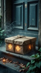 Obraz premium A mysterious doorstep package wrapped in aged paper and glowing with arcane symbols. Ideal for Halloween campaigns, fantasy book covers, mystery branding, and World Storytelling Day visuals.