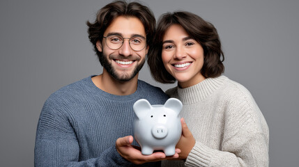 Smiling couple holding a piggy bank symbolizing savings and smart financial planning. Positive and relatable scene ideal for finance, banking, lifestyle, and investment content