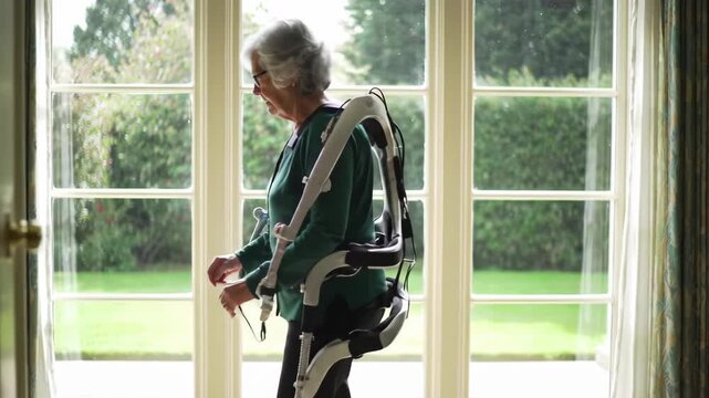 Elderly woman using robotic exoskeleton at home. Aging and mobility technology concept.  
