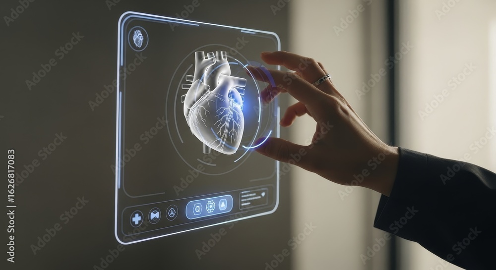 Poster heart analysis interface - a hand interacts with a holographic display showing a detailed 3d model o