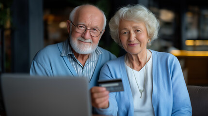 Senior couple looking worried while reviewing credit card statements. Relatable scene ideal for finance, retirement, debt, lifestyle, and money management content
