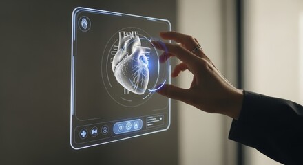 Heart Analysis Interface - A hand interacts with a holographic display showing a detailed 3D model of a human heart, demonstrating advanced medical technology