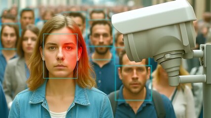 Young woman in denim jacket stands in crowded space while security camera with digital facial recognition targets her. Technological monitoring system highlights multiple faces in background