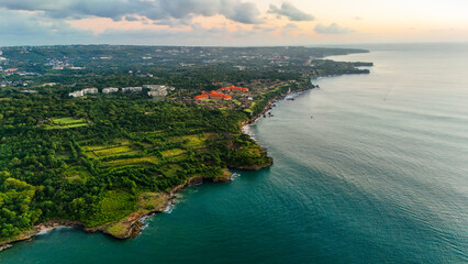Aerial drone photo of the idyllic virgin beach between Candidasa and Amlapura in eastern Bali,...