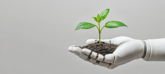 White artificial robot hand holding green seedling with earth, banner copy space on side. Future autonomous farming concept. Generative AI