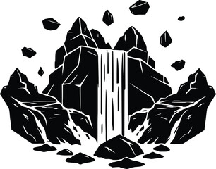 Waterfall With Floating Rocks Silhouette | Surreal Rock Waterfall Scene Silhouette