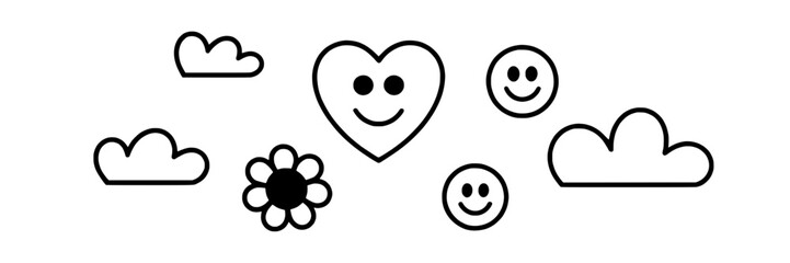 Fototapeta premium Hand-drawn doodle collection of smiling heart, smiley faces, clouds, and flower. Black and white line art illustrations. Simple, cute design elements for kids, positivity, or nature themes. Vector gra