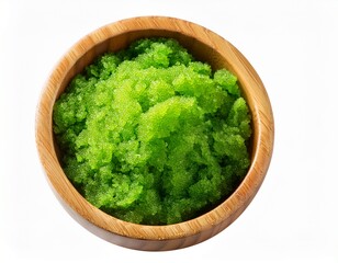 wasabi tobiko fish roe in the small wooden bowl green fish roe in the wood bowl isolated background