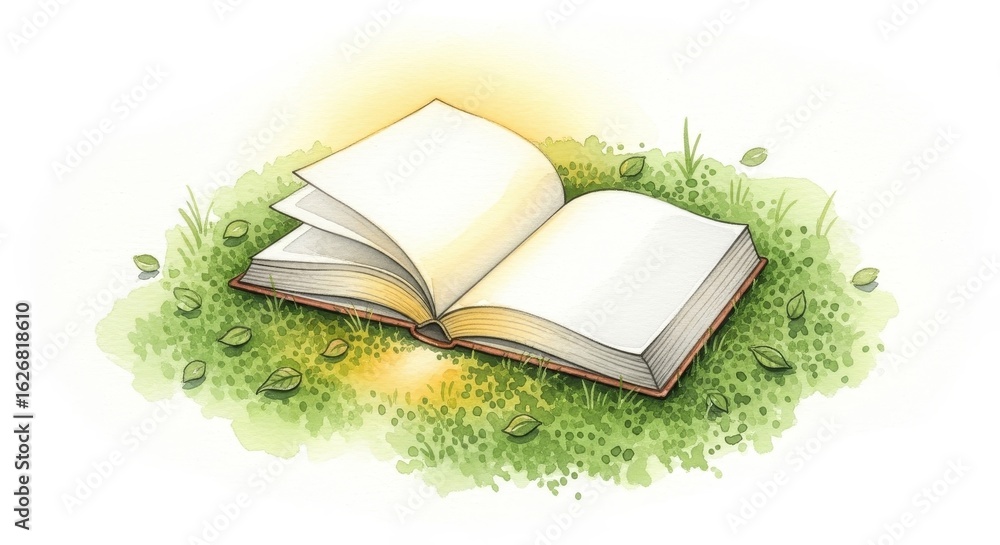 Aufkleber open book on grass - an open book rests on a patch of green grass, illuminated from within. perfect 