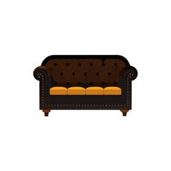 Brown chesterfield sofa with orange cushions isolated on transparent background