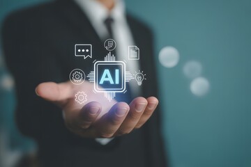AI Technology Concept: A professional offers the vision of artificial intelligence, with a focus on innovation and future technology.