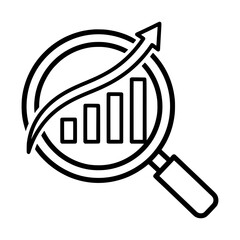 bold line icon of a magnifying glass with bar chart and upward arrow