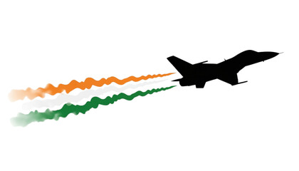 Silhouette of a fighter jet flying with tricolor smoke trails, representing the Indian flag.