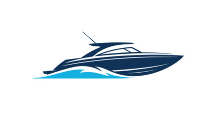  Stylized blue and white boat illustration with streamlined cabin and wave pattern, symbolizing modern travel and ocean motion