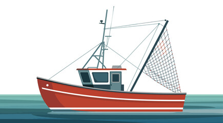 Red fishing boat illustration with extended net, cabin, antenna, and mast, floating on water against clean white backgroundM 