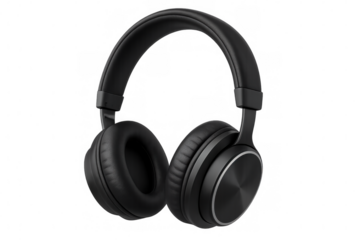 Modern wireless black headphones isolated on transparent background, perfect for music lovers and podcast enthusiasts