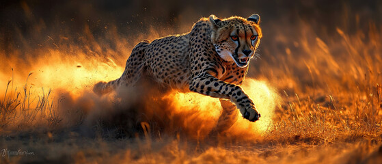 Majestic cheetah running at dusk in vibrant african savannah landscape with dust cloud