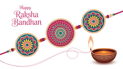 Raksha Bandhan greeting card with intricately designed rakhis, lit oil lamp, festive background, and decorative celebration text 