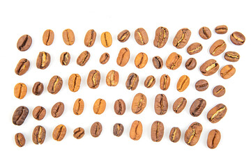 Various coffee beans arranged in a symmetrical pattern on a white background