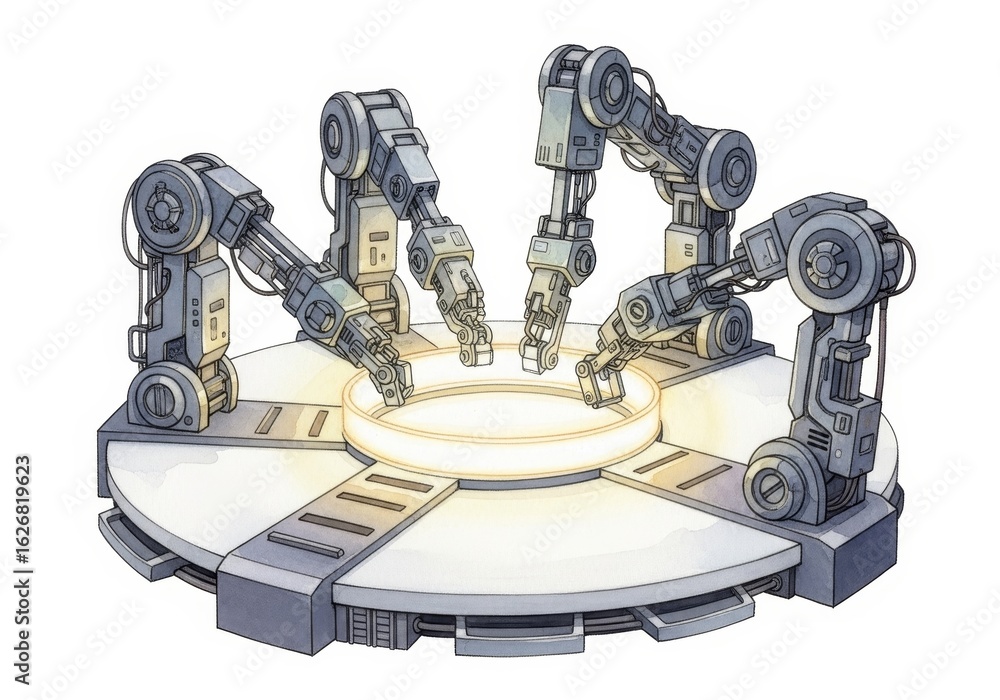 Poster robotic assembly system - four robotic arms converge around a central platform, illustrating automat