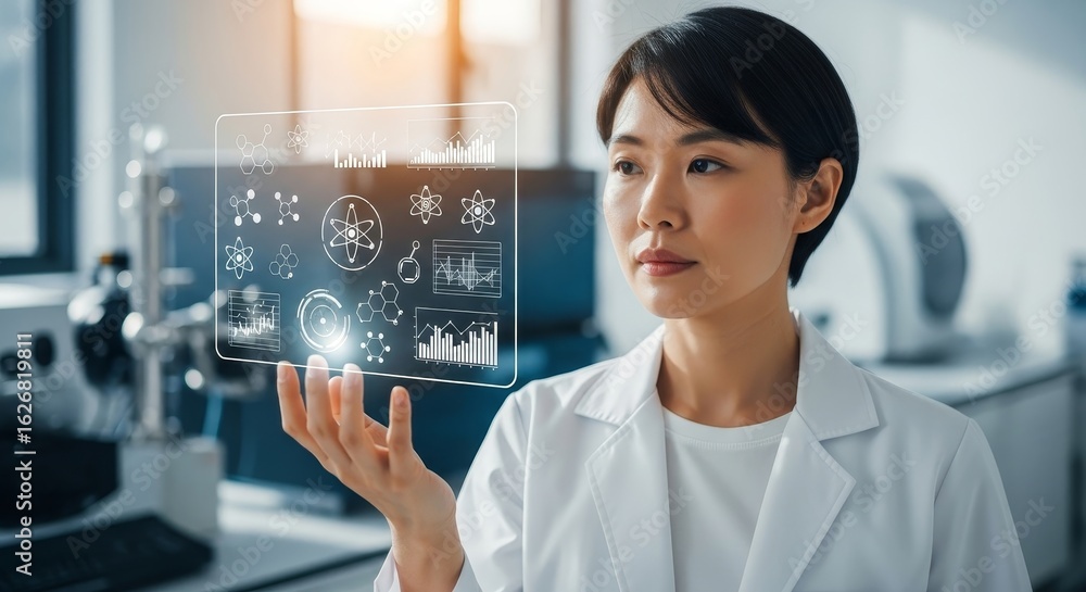 Poster scientist examining holographic scientific data - a female scientist in a lab coat studies a transpa