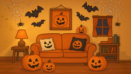 Cozy Halloween-themed living room with cartoon jack-o'-lanterns, bats, spider webs, and pumpkin decorations in warm autumn colors
